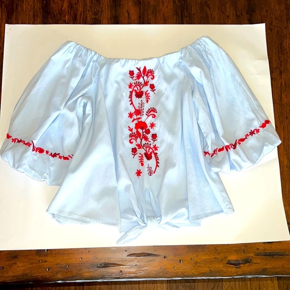 Zara Trafaluc Off The Shoulder Blue Blouse Red Floral Embroidery Size M Boho - Picture 1 of 6